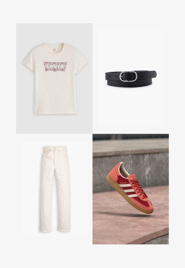 T-shirt Levi's couleur crème avec un logo à motif floral en violet et blanc sur la poitrine, manches courtes et col rond.; Jeans en denim blanc avec un design à jambe droite, style cinq poches et accents en métal cuivré. Finition effilochée au niveau des chevilles.; Baskets Adidas Spezial rouges et orange avec des bandes blanches et une semelle en gomme flottant au-dessus d'une surface en béton avec des marches en arrière-plan.; Ceinture en cuir noir au toucher lisse, boucle en métal argenté de forme ovale et plusieurs trous d'ajustement le long de la sangle. Design plat et minimal.
