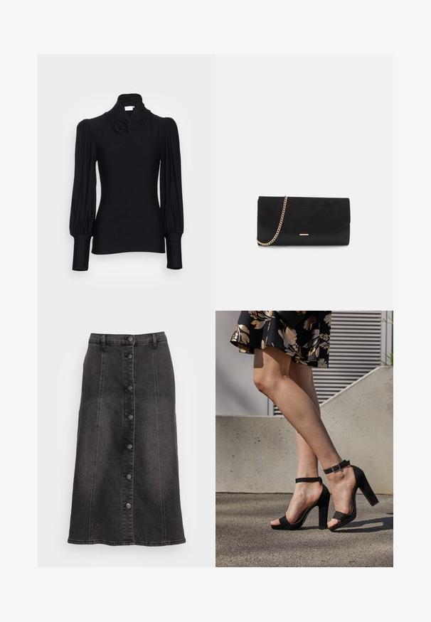 Top de manga larga negro con cuello alto, con hombros fruncidos y mangas ajustadas. Fabricado en un material suave y elástico.; Falda de mezclilla negra en forma de A con cinco botones metálicos en la parte delantera, cintura alta y costuras visibles. Textura suave y diseño hasta la rodilla.; Sandalias de tacón alto de ante negro con una correa en el tobillo y hebilla, diseño de punta abierta y tacón ancho. Textura suave y estilo minimalista.; Bolso de mano negro hecho de ante con un acabado texturizado, que presenta una cadena dorada y un diseño elegante y angular.