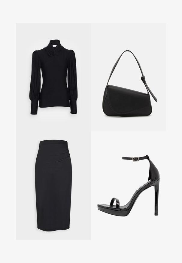 Top de manga larga negro con cuello alto, con hombros fruncidos y mangas ajustadas. Fabricado en un material suave y elástico.; Anna Field by Zalando Falda de tubo - black; Steve Madden MILANO - Sandalias de tacón - black; Bolso de mano de cuero negro con forma triangular, tapa en ángulo y un asa superior redondeada. Presenta una textura suave y detalles de diseño minimalistas.