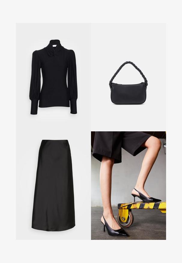Top de manga larga negro con cuello alto, con hombros fruncidos y mangas ajustadas. Fabricado en un material suave y elástico.; Falda midi de satén negro con una textura suave, forma de A y un brillo sutil. Presenta un diseño elegante y sencillo sin adornos.; Zapatos de tacón negro tipo slingback con puntera afilada, que presentan una tapa de charol brillante. Tacón stiletto, diseño de cuero liso y una silueta minimalista.; Bolso negro de forma redondeada, hecho de material liso. Presenta un asa trenzada y un cierre de cremallera para un almacenamiento seguro.