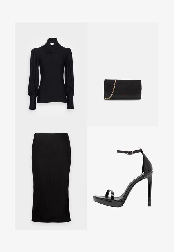 Top de manga larga negro con cuello alto, con hombros fruncidos y mangas ajustadas. Fabricado en un material suave y elástico.; Falda midi negra ajustada con una textura suave, detalle de abertura lateral y una cinturilla clásica. Diseñada para una silueta elegante.; Steve Madden MILANO - Sandalias de tacón - black; Bolso de mano negro hecho de ante con un acabado texturizado, que presenta una cadena dorada y un diseño elegante y angular.