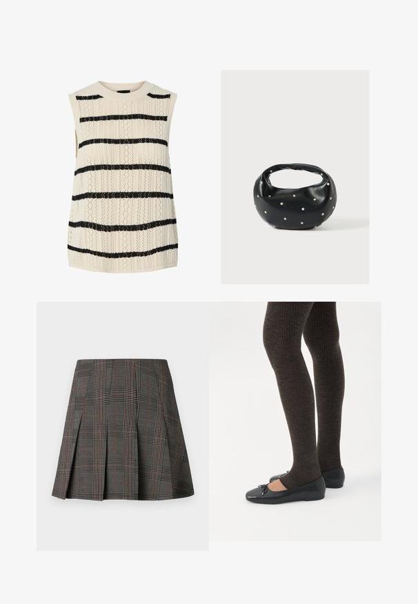 Krátky pletený top bez rukávov v krémovej farbe s čiernymi horizontálnymi pruhmi. Obsahuje textúrovaný vzor a rebrovaný výstrih, čo vytvára ľahký dizajn.; Sivá károvaná sukňa s plisovaním, s komplexnými vzormi čiernej a bielej farby, doplnená tenkými červenými pásmi. Vyrobená z pevného materiálu.; Nohy v tmavých pásikavých legínach v kombinácii s čiernymi balerínkami s malými mašličkami na bielom pozadí.; Čierna kožená kabelka s zaobleným tvarom, zdobená striebornými cvočkami a krátkym rúčkou. Hladká textúra a zapínanie na zips.