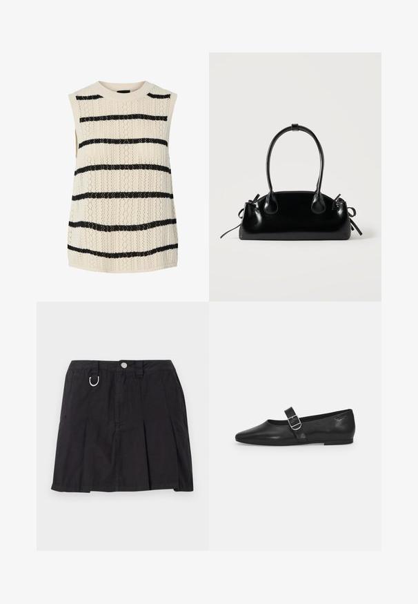 Débardeur en maille crème avec des rayures horizontales noires. Présente un motif texturé et un col côtelé, créant un design léger.; Jupe plissée noire en coton, avec une fermeture à boutons sur le devant, des passants de ceinture et un accent en D-ring sur la taille.; Chaussure plate en cuir noir avec un bout arrondi, une seule sangle réglable à boucle et une texture lisse et brillante. Design minimaliste avec un petit talon.; Petit sac à main noir brillant avec deux longues anses et des détails à cordon sur les côtés sur un fond clair uni.
