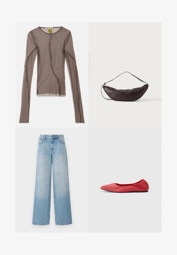Καφέ πλεκτό crop top με μακριά μανίκια που διαθέτει διάφανη υφή, στρογγυλή λαιμόκοψη και ασύμμετρα ραψίματα για προσθήκη σχεδιαστικής λεπτομέρειας.; Ανοιχτό μπλε παντελόνι με φαρδιές γραμμές και ψηλή μέση, με ανοιχτόχρωμες αποχρώσεις στα πόδια, θηλιές ζώνης και παραδοσιακό μεταλλικό κουμπί και φερμουάρ.; Filippa K REY FLATS - Μπαλαρίνες - bright red; Σκούρο καφέ δερμάτινη τσάντα ώμου σε σχήμα πετάλου με καμπυλωτό λουρί και εμφανή ραφές σε απλό φόντο.