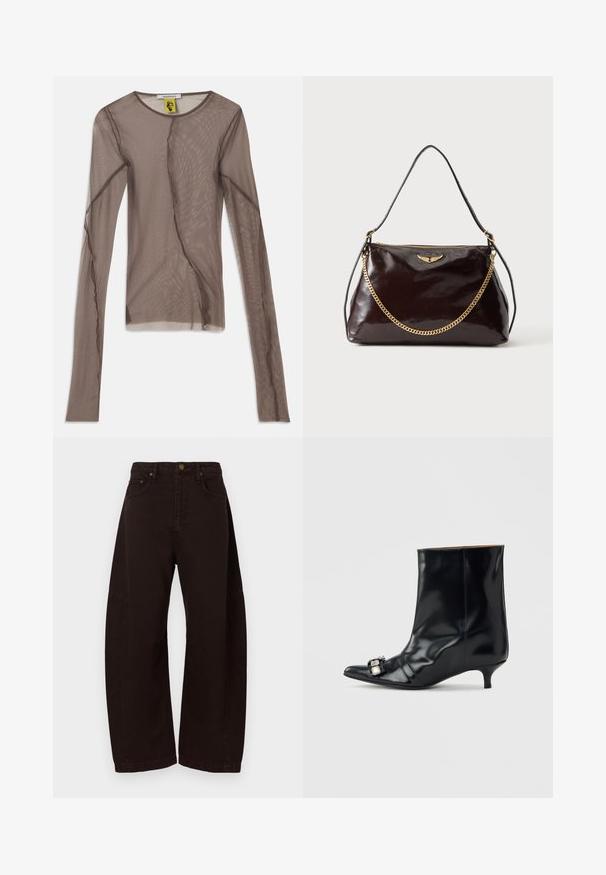 Haut long en maille marron présentant une texture transparente, un décolleté rond et des coutures asymétriques pour un détail de design supplémentaire.; Pantalon large noir en denim, avec une taille haute, une fermeture par bouton métallique et des poches latérales. Texture lisse, coupe droite.; Bottine en cuir noir avec bout pointu, petit talon kitten bas et boucle décorative en argent sur le côté près de l'orteil.; Sac à main en cuir brillant marron foncé avec un emblème en forme d'aile dorée, détail de chaîne dorée et une fine bandoulière en cuir sur un fond uni.