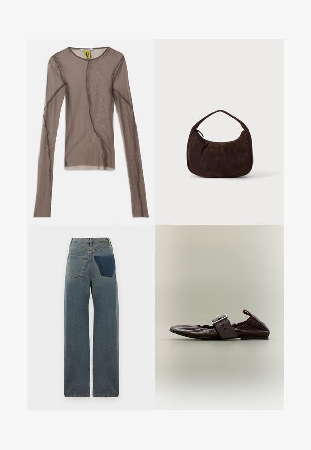 Haut long en maille marron présentant une texture transparente, un décolleté rond et des coutures asymétriques pour un détail de design supplémentaire.; Jean large en denim, avec une teinte bleue claire, deux poches arrière et une poche plaquée d'une teinte bleue plus foncée sur le côté droit.; Chaussure plate en cuir marron foncé avec une grande boucle argentée et des détails élastiques froncés, vue de côté sur un fond neutre.; Sac à main en daim marron foncé avec une courte sangle et une forme rectangulaire arrondie sur un fond uni clair.