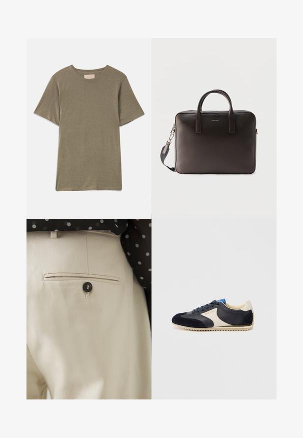 Olivengroene T-shirt met korte mouwen en een ronde halslijn, gemaakt van zachte stof. Heeft een rechte zoom en geen zichtbare patronen of accenten.; Beige broek met een gestructureerde stof en een achterzak, gesloten met een zwarte knoop. Subtiele stikselaccenten langs de zak.; Navy- en crèmekleurige sneaker met suède en lederen materialen, afgeronde neus, vetersluiting en een rubberen zool met een zigzagpatroon.; Donkerbruine leren aktetas met dubbele handvatten, afneembare schouderriem en kleine Calvin Klein-logo centraal aan de voorkant.