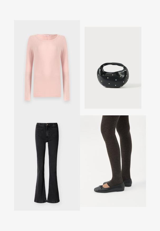 Langsleeve, ronde hals t-shirt van zacht roze stof, met een eenvoudig ontwerp en een gladde textuur. Geen zichtbare patronen of accenten.; Zwarte flared jeans met hoge taille, voorzakken, riemlussen, knoopsluiting en zichtbare stiksels tegen een effen lichte achtergrond.; Benen met donkere geribbelde leggings gecombineerd met zwarte ballerina's met kleine strikdetails op een witte achtergrond.; Zwarte leren handtas met een afgeronde vorm, versierd met zilveren studs, en een korte handgreep. Gladde textuur en ritsluiting.