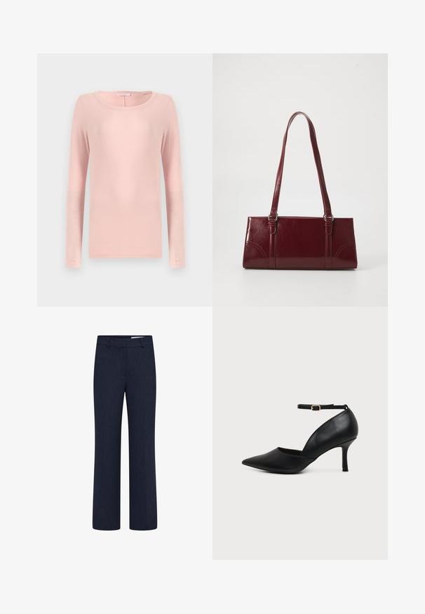 Camiseta de manga larga y cuello redondo en suave tejido rosa, con un diseño sencillo y textura lisa. Sin patrones ni acentuaciones visibles.; Pantalones azul marino oscuro de corte recto con presillas para cinturón y cierre frontal sobre fondo blanco.; Zapato de tacón bajo tipo kitten heel de cuero negro con punta puntiaguda, correa en el tobillo y hebilla dorada sobre fondo neutro.; Bolso burdeos hecho de material brillante, de forma rectangular, con dos asas para el hombro y sutiles acentos curvados en la parte frontal.