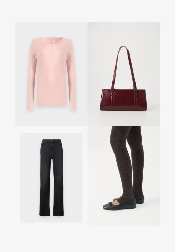 Langsleeve, ronde hals t-shirt van zacht roze stof, met een eenvoudig ontwerp en een gladde textuur. Geen zichtbare patronen of accenten.; Zwarte denim recht gesneden jeans met een hoge taille, vijf-pocket ontwerp en zichtbare stiksels. Glad oppervlak met een licht vervaagde afwerking.; Benen met donkere geribbelde leggings gecombineerd met zwarte ballerina's met kleine strikdetails op een witte achtergrond.; Bourgondische handtas van glanzend materiaal, rechthoekige vorm, met twee schouderbanden en subtiele gebogen accenten aan de voorkant.