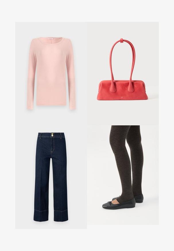 Camiseta de manga larga y cuello redondo en suave tejido rosa, con un diseño sencillo y textura lisa. Sin patrones ni acentuaciones visibles.; Jeans de tiro alto y pierna ancha en azul oscuro con dobles botones dorados y costuras naranjas visibles sobre un fondo claro.; Piernas con leggings oscuros acanalados combinados con bailarinas negras que presentan pequeños detalles de lazo sobre un fondo blanco.; Bolso de mano de piel roja con una asa larga y delgada, anillada y asegurada en la parte superior, exhibido sobre un fondo claro y liso.