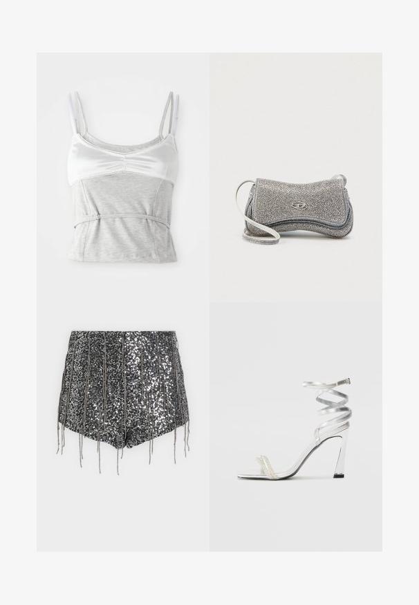 Camiseta sin mangas gris y blanca con tirantes ajustables, que presenta una sección superior de satén y una sección inferior de algodón gris texturizado, ceñida en la cintura.; Pantalones cortos negros con lentejuelas y detalles de flecos verticales, con una textura brillante y una silueta ajustada, diseñados para una apariencia llamativa.; Sandaia de tacón alto plateada con un diseño de tira brillante, que cuenta con un acento similar a una perla y una correa en espiral en el tobillo para un ajuste seguro.; Bolso de mano plateado hecho de material texturizado, con un diseño curvo, una correa delgada blanca y un detalle de logo metálico en el frente.