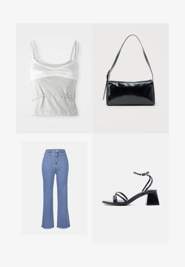 Camisole gris et blanc avec des bretelles réglables, présentant une section supérieur en satin et une section inférieure en coton texturé gris, cintrée à la taille.; Jean flare en denim bleu clair à taille haute, avec poches avant, zip devant et détails à ourlet brut en bas.; Sandale noire à brides ouvertes avec boucle à la cheville et talon bloc, vue de côté sur un fond clair uni.; Sac d'épaule rectangulaire noir avec une sangle réglable unique et une fermeture éclair supérieure sur un fond uni.