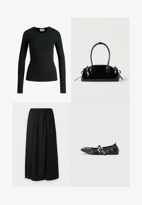 T-shirt à manches longues noir en tissu côtelé extensible avec un col rond. Présente une construction sans coutures et un design ajusté.; Jupe noire en tissu léger avec une taille froncée. Elle présente un motif de petits pois blancs sur l'ensemble du tissu.; Chaussure plate en cuir noir avec un nez pointu, des détails froncés autour de l'ouverture et un accent en boucle argentée sur la bride ajustable.; Petit sac à main noir brillant avec deux longues anses et des détails à cordon sur les côtés sur un fond clair uni.