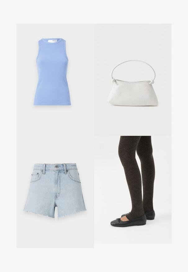 Lichtblauwe geribbelde tanktop met een ronde hals en zonder mouwen. Heeft een aansluitende silhoeet en een gladde textuur.; Lichtblauwe denim shorts met een hoge taille, afgeraffelde zoom en vijf zakken. Voorzien van een metalen knoop en contrasterende stiksels.; Benen met donkere geribbelde leggings gecombineerd met zwarte ballerina's met kleine strikdetails op een witte achtergrond.; Witte handtas van gevlochten leer met een afgeronde handgreep en uiteinden van de band die geknoopt zijn, afgebeeld tegen een effen achtergrond.