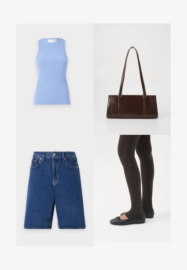 Top sin mangas de canalé azul claro con cuello redondo. Presenta una silueta ajustada y una textura suave.; Shorts de mezclilla en azul oscuro con un ajuste clásico, diseño de cinco bolsillos y costuras naranjas. Terminados con un cierre frontal de botón y cremallera.; Piernas con leggings oscuros acanalados combinados con bailarinas negras que presentan pequeños detalles de lazo sobre un fondo blanco.; Bolso de mano de piel sintética marrón con forma rectangular, dos asas largas y sutiles acentos curvados en la parte delantera.