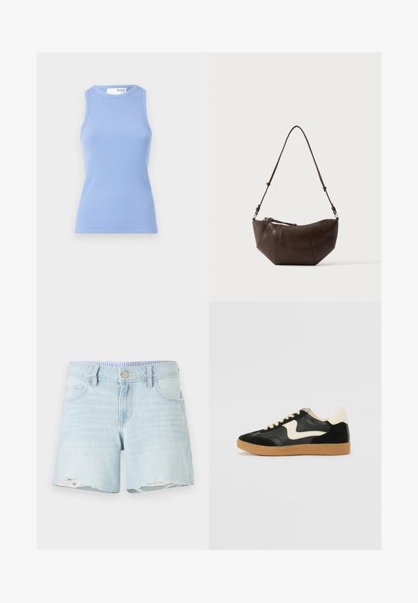 Lichtblauwe geribbelde tanktop met een ronde hals en zonder mouwen. Heeft een aansluitende silhoeet en een gladde textuur.; Lichtblauwe denim shorts met een licht verstoorde zoom, vijf-pocket ontwerp en een knoopsluiting. Subtiele vervaagde textuur over de gehele shorts.; Zwarte suède en leren sneaker met een crèmekleurige zij-swoosh en lichte crèmekleurige hiel. Voorzien van beige veters en een gumrubberen zool.; Bruine leren schoudertas met een gebogen onderkant en een verstelbare riem tegen een effen lichte achtergrond.