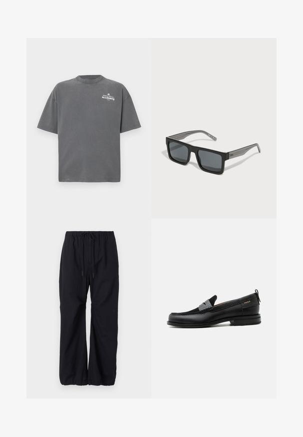 Dunkelgraues T-Shirt mit kurzen Ärmeln und Rundhalsausschnitt mit kleinem weißen "ALLSAINTS"-Logo auf der oberen linken Brust.; Schwarze, locker sitzende Hosen aus leichtem Stoff, mit einem elastischen Bund und Kordelzug sowie gerafften Säumen an den Knöcheln.; Schwarzer Lederloafer mit grauem Riemendetail, niedrigem Absatz und strukturierter Sohle, seitlich mit „HUGO“ in Gold gebrandmarkt.; HUGO Sonnenbrille - black