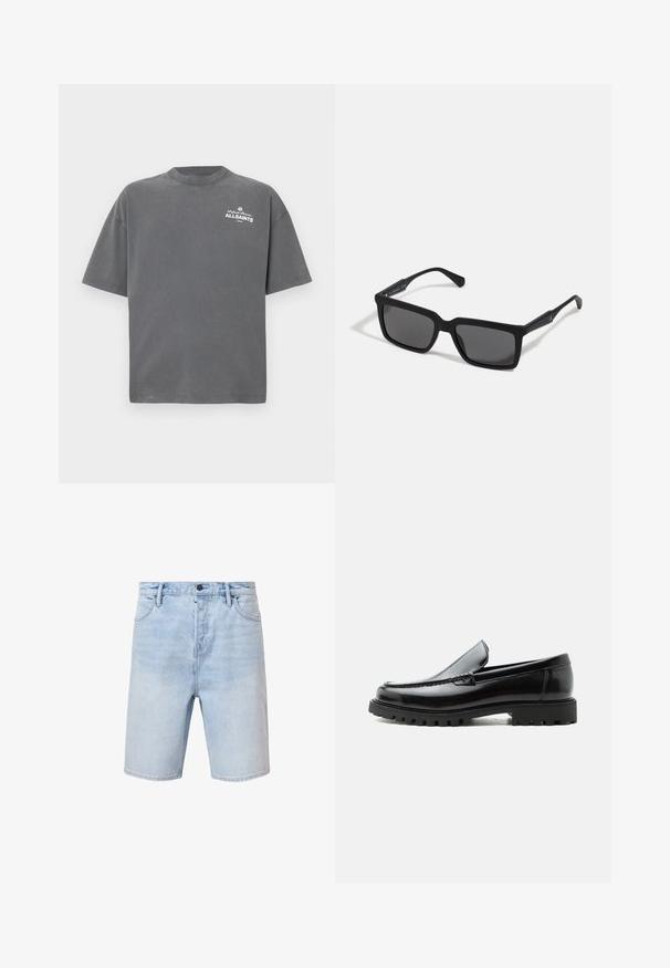 Donkergrijs T-shirt met korte mouwen en ronde hals met klein wit "ALLSAINTS"-logo op de linker bovenborst.; Lichtblauwe denim shorts met een normale pasvorm, vijf zakken en een knoopsluiting. Kenmerkt subtiele vervaging en gestikte zoom.; Zwarte leren loafer met dikke rubberen zool, gestikte bovenkant en gegraveerde merknaam op de hiel, zijaanzicht op witte achtergrond.; Zwarte zonnebril met rechthoekige lenzen, matte afwerking, dikke montuur en slanke veren met subtiele merkaanduiding.