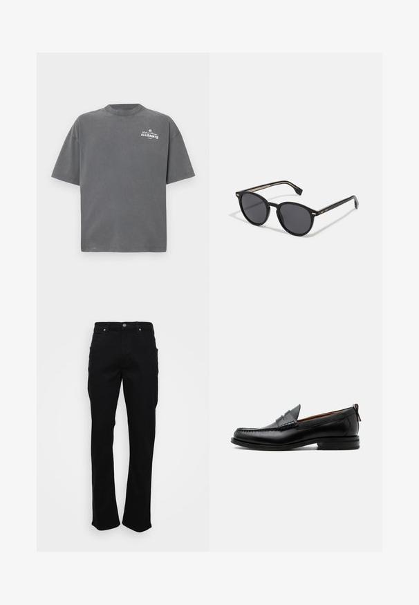 Camiseta de manga corta de color gris oscuro con cuello redondo y pequeño logo blanco "ALLSAINTS" en la parte superior izquierda del pecho.; Jeans rectos negros con bolsillos frontales, presillas para cinturón y cierre de botón sobre un fondo blanco.; Mocasín de hombre de piel negra con costura moc toe, tira penny, cuello texturizado y tacón bajo apilado sobre fondo blanco.; BOSS Gafas de sol - black