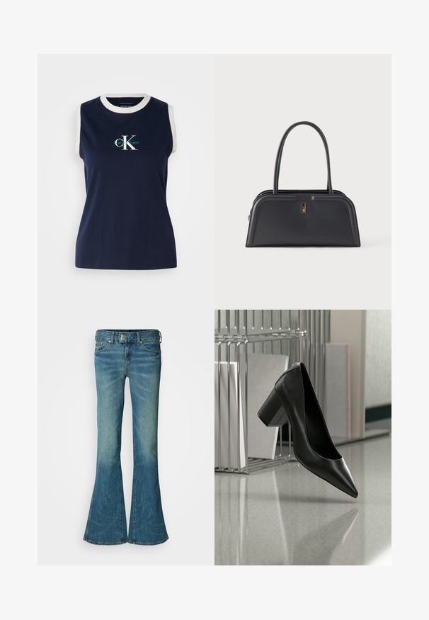 Top de algodón sin mangas de color navy con un cuello de canalé blanco, que presenta un logotipo verde y blanco de "Calvin Klein" en la parte frontal. Textura suave.; Jeans de denim azul acampanados con un acabado desgastado, que cuentan con un diseño clásico de cinco bolsillos y un cierre de botón metálico en la cintura.; Zapato de tacón alto de punta afilada de cuero negro con tacón cuadrado suspendido sobre un suelo reflectante cerca de un organizador de archivos metálico con documentos.; Bolso de mano de cuero negro con un diseño estructurado, que cuenta con una asa superior y un pequeño detalle de herrajes dorados en la parte frontal.