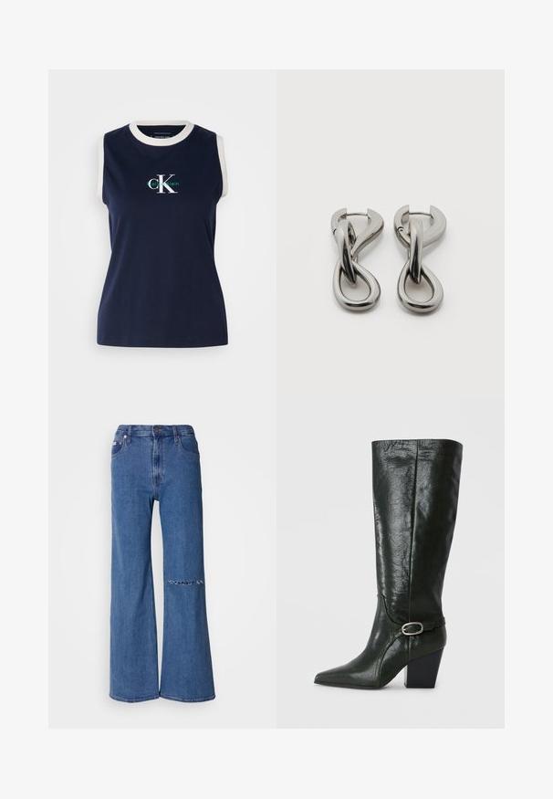Laivastonsininen hihaton puuvillapaita, jossa on valkoinen ribattu kaula-aukko, etuosassa vihreä ja valkoinen "Calvin Klein" -logo. Sileä rakenne.; Laivihkeiset farkut keskipitkässä sinisessä denimissä, joissa on korkea vyötärö, etutaskut ja revennyt yksityiskohta vasemmassa polvessa.; Vihreä nahkainen polvipitkä saapas, jossa on terävä kärki, lohkopohja ja koristeellinen hihna hopeisella soljella. Sileä pinta, jolla on kiilto.; Pari hopeanvärisiä metallikorvakoruja, joissa on abstrakti toisiinsa kietoutuva lenkkimuoto valkoisella taustalla.
