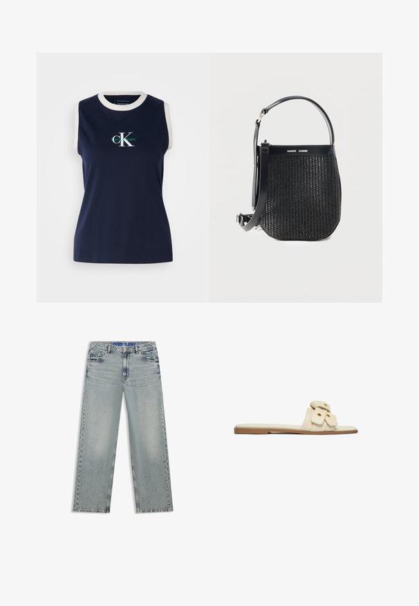 Top de algodón sin mangas de color navy con un cuello de canalé blanco, que presenta un logotipo verde y blanco de "Calvin Klein" en la parte frontal. Textura suave.; Vaqueros de pierna ancha de color azul claro hechos de denim, con zonas desgastadas, cinco bolsillos y una cinturilla azul con marca.; Sandalia plana beige tipo slide con dos correas decorativas que presentan ojales dorados y suela de punta cuadrada.; Bolso tejido negro con base redondeada, ribete de cuero, correa de hombro ajustable y logo de la marca Samsøe Samsøe en la banda superior.