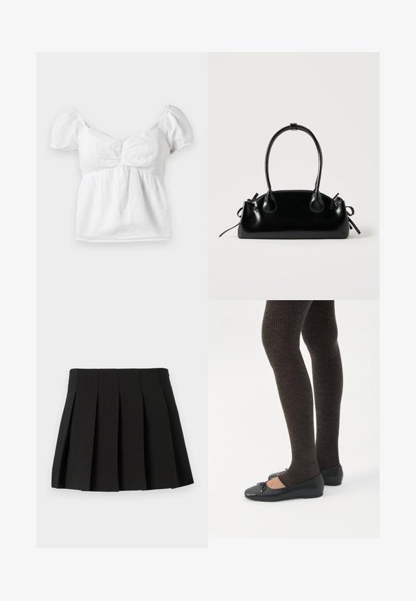 Hvid bomuld bluse med pufsleeves, sammensnøret liv og en buet halsudskæring. Blød tekstur og glat finish med en svajende kant.; Sort plisseret miniskørt med et struktureret design, lavet af et glat materiale. Har en taljeelastik og jævnt fordelte lodrette plisseringer.; Ben iført mørke ribbede leggings kombineret med sorte balletsko med små sløjfedetaljer på hvid baggrund.; Lille sort blank håndtaske med to lange håndtag og snøre-detaljer i siden på en ensfarvet lys baggrund.