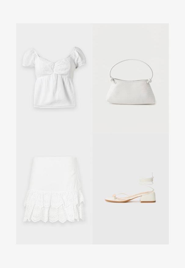 Hvid bomuld bluse med pufsleeves, sammensnøret liv og en buet halsudskæring. Blød tekstur og glat finish med en svajende kant.; Hvid bomuldsnederdel med lagdelt flæse-design og øjelet broderi i kanten. Glat tekstur, længde over knæet.; Hvide hælede sandaler med firkantet hæl, tynde stropper og en rund detalje. Har en tekstureret sål og en snoet snørredetalje ved anklen.; Hvid fletlæderhåndtaske med afrundet håndtag og ender på remmen, der er knyttet, vist mod en ensfarvet baggrund.