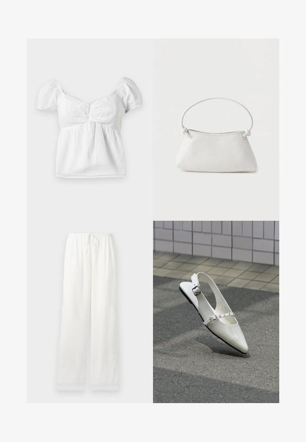 Hvid bomuld bluse med pufsleeves, sammensnøret liv og en buet halsudskæring. Blød tekstur og glat finish med en svajende kant.; Hvide løstsiddende bukser med elastisk taljebånd og snor, lige vide ben, vist på en ensfarvet lys baggrund.; Hvid spids slingback flad sko med to sølvspænder, vist udendørs på tekstureret underlag og flisebelagt væg baggrund.; Hvid fletlæderhåndtaske med afrundet håndtag og ender på remmen, der er knyttet, vist mod en ensfarvet baggrund.