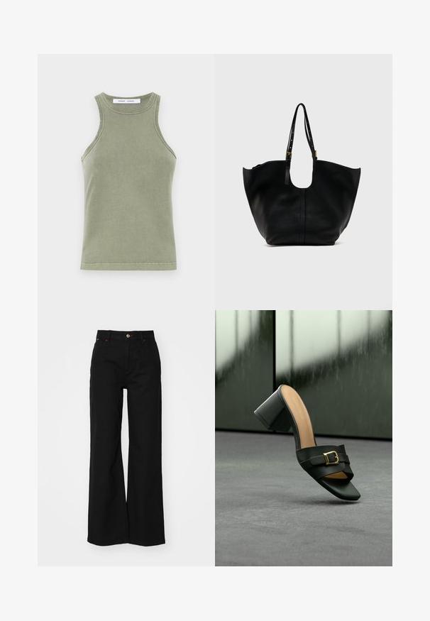 Débardeur vert olive en coton doux, avec un col rond, sans manches et des bords cousus. Forme simple et ajustée.; Pantalons larges noirs en denim à taille haute, avec une fermeture éclair à l'avant, un bouton de fermeture et des coutures rouges.; Mule en cuir noir à bout ouvert avec talon bloc et détail de boucle dorée, présenté sur une surface grise avec un fond sombre flou.; Sac cabas en cuir noir avec ouverture large en haut et sangles d'épaule réglables avec boucles dorées, présenté sur un fond clair uni.
