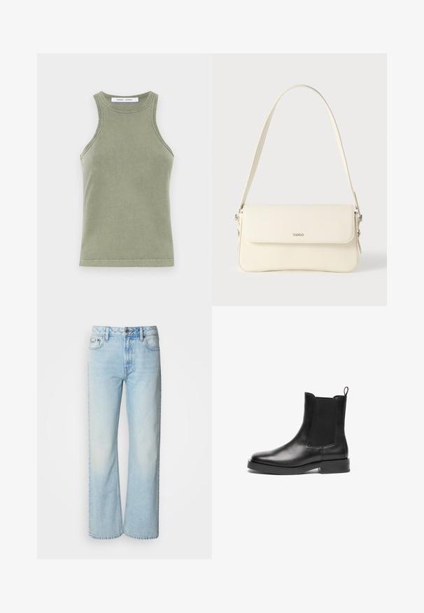 Débardeur vert olive en coton doux, avec un col rond, sans manches et des bords cousus. Forme simple et ajustée.; Jeans à jambes larges bleu clair en denim, présentant un design classique à cinq poches et une texture légèrement décolorée. La couture en denim est visible.; Bottes Chelsea en cuir noir avec des panneaux latéraux en élasthanne, bout rond, tirant et semelle en caoutchouc noir robuste. Texture lisse et design classique.; Sac à bandoulière en cuir couleur crème avec fermeture à rabat, quincaillerie argentée, une bandoulière réglable et un logo discret.