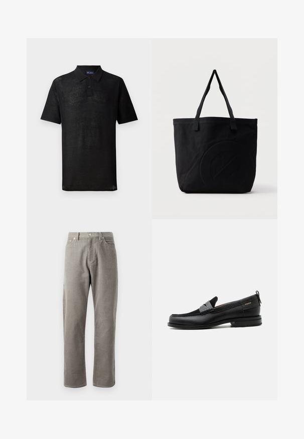 Polo noir en tissu tricoté texturé. Il présente des manches courtes, un col et une patte de boutonnage à trois boutons. Design léger, coupe décontractée.; Pantalons en velours côtelé gris avec une coupe droite, dotés d'une taille haute, de poches avant et d'une texture côtelée verticale subtile.; Mocassin en cuir noir avec détail de bride grise, talon bas et semelle texturée, marqué "HUGO" en or sur le côté.; Sac fourre-tout en toile noire avec deux bandoulières et un motif circulaire discret en relief sur le devant.