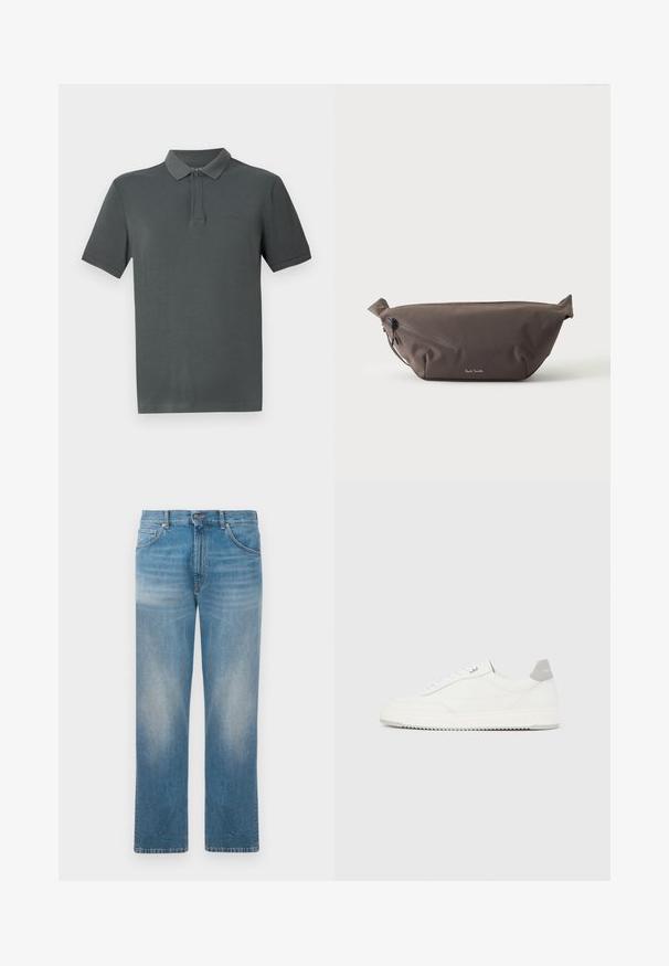 Dunkelgrau Polohemd mit klassischem Kragen, kurzen Ärmeln und einem dezenten Logo. Hergestellt aus weichem Stoff mit glatter Textur.; Gerade geschnittene blaue Jeans aus Denim mit ausgebleichtem Patch auf Oberschenkeln und Knien, klassisches Fünf-Taschen-Design und Knopfverschluss.; Weißer Sneaker mit niedrigem Schaft, grauem Fersenlaschen, weißen Schnürsenkeln und einer strukturierten Sohle, dargestellt vor einem schlichten hellen Hintergrund.; Dunkelbraune Stoff-Gürteltasche mit diagonalem Reißverschlussfach und kleinem weißen Logo vorne, vor einem einfarbigen hellen Hintergrund.