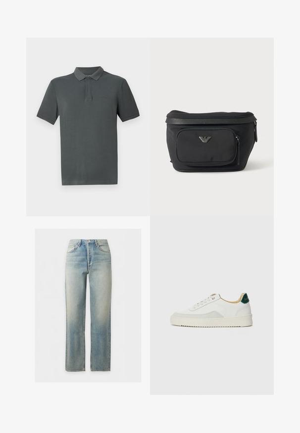 Dunkelgrau Polohemd mit klassischem Kragen, kurzen Ärmeln und einem dezenten Logo. Hergestellt aus weichem Stoff mit glatter Textur.; Hellblaue verwaschene Jeans mit geradem Bein, Frontknopf- und Reißverschluss sowie Fünf-Taschen-Design.; Weiße Sneaker mit Wildlederelementen, runder Zehenpartie, flachen Schnürsenkeln und einer cremefarbenen Gummisohle. Mit grünen Markenlogo am Fersenbereich.; Schwarze Bauchtasche mit Frontreißverschlusstasche und silbernem Adlerlogo, glattes Gewebe mit strukturiertem Besatz und Reißverschlussanhängern.