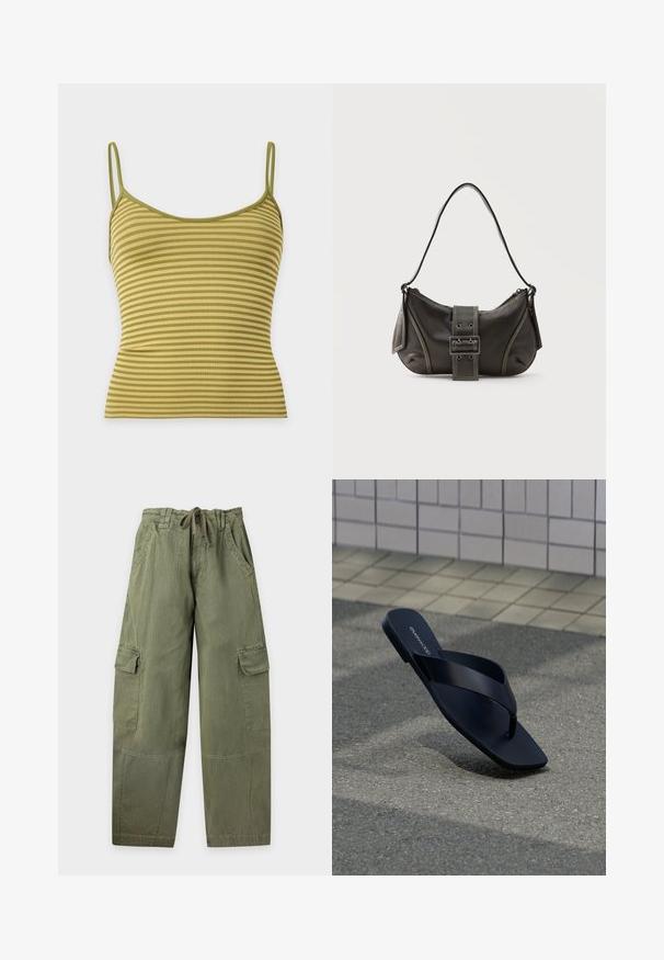 Πράσινο και μπεζ ριγωτό ριμπ ύφασμα crop top χωρίς μανίκια με λεπτές τιράντες ώμων σε απλό ανοιχτό φόντο.; Παντελόνια cargo ελιάς με σφιγκτήρα μέσης με κορδόνι, πλαϊνές τσέπες, τσέπες με καπάκι στους μηρούς και ίσια, φαρδιά πόδια.; Μαύρο σανδάλι thong με τετράγωνη μύτη και το όνομα της μάρκας στη σόλα, τοποθετημένο όρθιο σε υφή πεζοδρομίου κοντά σε πλακιδωτό τοίχο.; Μαύρη δερμάτινη τσάντα ώμου με λεπτομέρεια ιμάντα με πόρπη, καμπυλωτές άκρες και αντίθετη λευκή ραφή σε απλό φόντο.