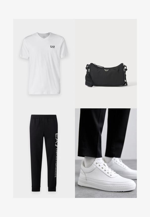 Witte katoen t-shirt met v-hals, korte mouwen, voorzien van een zwart EA7-logo op de linkerborst. Gladde textuur, eenvoudig ontwerp.; Zwarte sweatpants van een katoenmix, met een elastische tailleband, taps toelopende benen, ribgebreide boorden en een wit logo-opdruk langs de zijkant.; Witte leren sneakers met een platte rubberen zool, met een soepele afwerking, ronde neus en metalen oogjes voor de veters. Draag ze met een zwarte broek.; Zwarte rechthoekige crossbodytas met zilveren merklogo-embleem en verstelbare band op een lichte achtergrond.