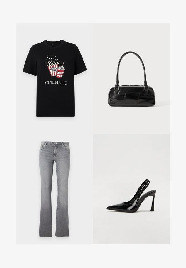 Schwarzes Baumwoll-T-Shirt mit einem Grafikmotiv von Popcorn und einem Getränk. Das Design enthält rot-weiße Streifen und das Wort "CINEMATIC" in Weiß.; Graue, aus Denim gefertigte, ausgestellte Jeans mit weichem Stoff, fünf Taschen und einem metallischen Knopfverschluss am Bund.; Schwarze Lackleder Slingback-Pumps mit spitzem Zehenbereich, schlankem hohen Absatz und doppeltem elastischen Riemen für einen sicheren Sitz. Glatte, glänzende Oberfläche.; Schwarze Lederhandtasche in rechteckiger Form, mit einem stabilen Griff, silbernem Zubehör und Reißverschluss. Glatte Textur.