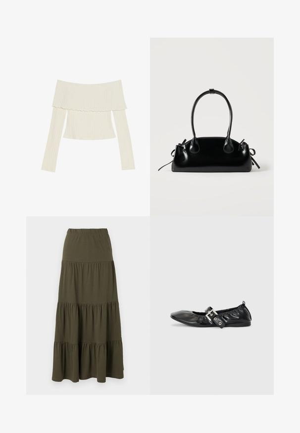 Top de canalé de color crema, con escote off-the-shoulder, cuello con volantes y mangas largas en una silueta ajustada. Textura general suave.; Falda maxi de capas en verde oliva con cintura elástica y paneles de tela fruncida.; Zapato plano de piel negra con puntera afilada, detalle fruncido alrededor de la abertura y un acento de hebilla plateada en la correa ajustable.; Pequeño bolso negro brillante con dos asas largas y detalles de cordón lateral sobre un fondo claro liso.