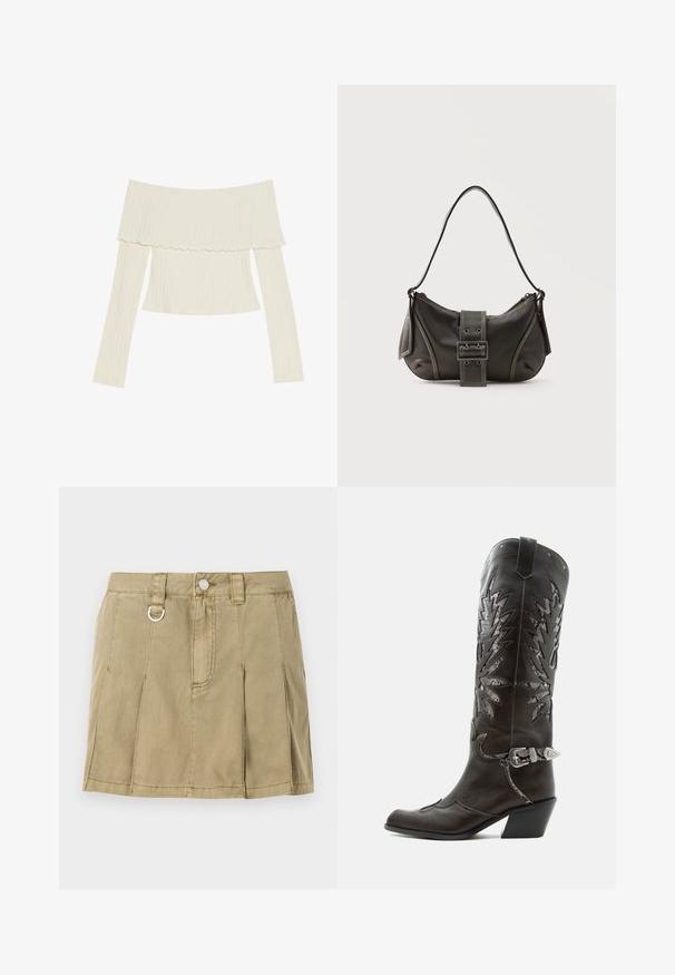Off-the-shoulder ribbet top i cremefarve, med en flæset halsudskæring og lange ærmer med en tætsiddende silhuet. Overordnet glat tekstur.; Lys olivengrøn denimskørt med fire knivfolder, en frontknaplukning og en metalring detalje på taljen.; Sort læder cowboystøvle med dekorative udskæringer, sølvspænde og skrå hæl, vist på hvid baggrund.; Sort læder skuldertaske med spænde på remmen, afrundede kanter og kontrasterende hvide syninger på en ensfarvet baggrund.