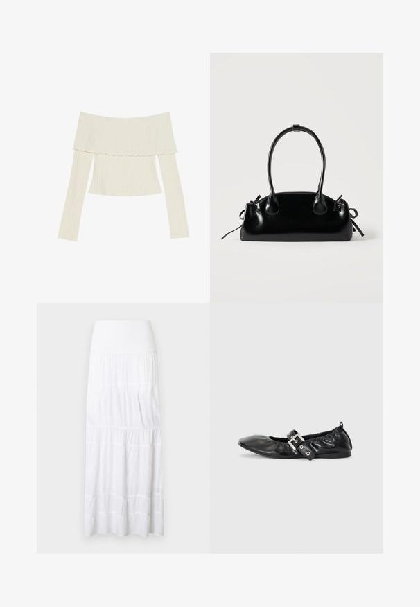Off-the-shoulder ribbet top i cremefarve, med en flæset halsudskæring og lange ærmer med en tætsiddende silhuet. Overordnet glat tekstur.; Hvid, lagdelt maxinederdel lavet af letvægtsstof. Har elastisk taljebånd og subtil tekstur med vandrette sømme.; Sorte læder flade sko med spids tå, samling detaljer omkring åbningen, og en sølv spænde accent på den justerbare rem.; Lille sort blank håndtaske med to lange håndtag og snøre-detaljer i siden på en ensfarvet lys baggrund.