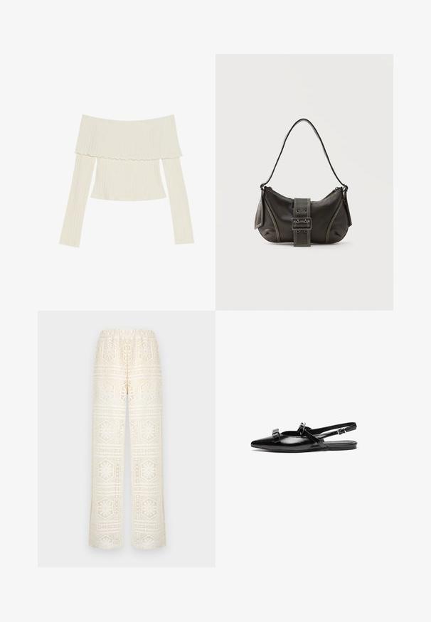 Top de canalé de color crema, con escote off-the-shoulder, cuello con volantes y mangas largas en una silueta ajustada. Textura general suave.; Pantalones anchos de encaje blanco con patrones recortados geométricos y florales, cintura elástica y tejido semitransparente.; Zapato plano tipo slingback de cuero negro con punta afilada, que presenta acentos de volantes en el empeine y una correa ajustable en el tobillo. Textura de superficie suave.; Bolso de hombro de cuero negro con detalle de correa con hebilla, bordes curvos y costuras blancas en contraste sobre un fondo liso.