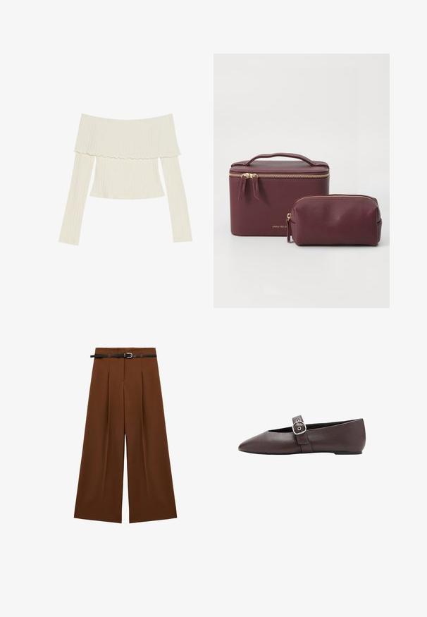 Off-the-shoulder ribbet top i cremefarve, med en flæset halsudskæring og lange ærmer med en tætsiddende silhuet. Overordnet glat tekstur.; Brune vide bukser med forkortede folder, høj talje og et sort bælte med en metalspænde. Glat stof med et skræddersyet design.; Brun flad sko med spids tå, sølvspænde over vristen, glat lædertekstur og lav hæl.; Bordeaux faux læder kosmetikpung med top håndtag, dobbeltsidet lynlåslukning og guldfarvet hardware. Mindre matchende taske inkluderet. Glat tekstur.