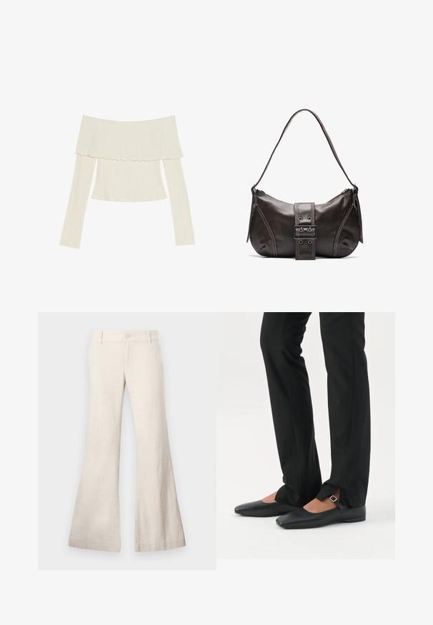 Top de canalé de color crema, con escote off-the-shoulder, cuello con volantes y mangas largas en una silueta ajustada. Textura general suave.; Pantalones beige acampanados confeccionados en una mezcla de lino ligera. Cuentan con un cierre de botón en la parte delantera y bolsillos laterales. Textura suave, diseño casual.; Piernas con pantalones ajustados negros con aberturas frontales en el dobladillo, combinados con zapatos planos Mary Jane negros con una pequeña correa con hebilla.; Bolso de hombro de cuero marrón con forma curva, que presenta un prominente detalle de hebilla, costuras en contraste y una sola correa para el hombro.