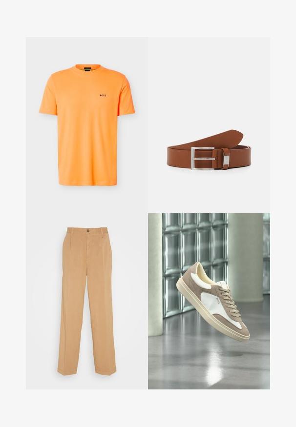 T-shirt orange vif à manches courtes avec col rond, petit logo noir "BOSS" sur le côté gauche de la poitrine, design simple sur fond blanc.; Pantalons larges beiges en tissu doux, dotés de deux poches avant, d'une fermeture à bouton et de plis le long des jambes.; Baskets en suède beige et blanc avec lacets et logo « BOSS », flottant au-dessus d’un sol en béton poli avec des murs en blocs de verre en arrière-plan.; Ceinture en cuir marron avec une finition lisse, dotée d'une boucle à double broche en métal argenté et d'un accent logo près de la boucle.