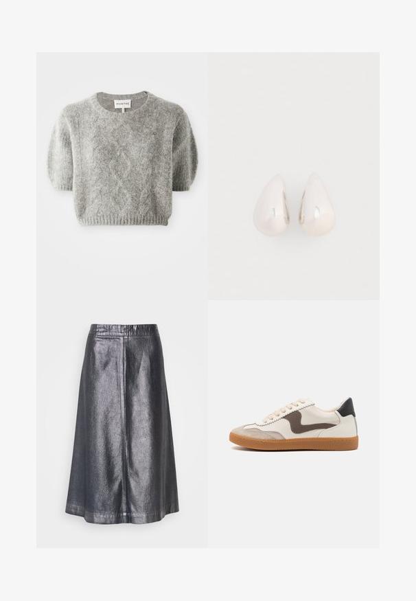 Grå kortærmet pullover sweater med kabelstrik mønster og ribbet kant. Fremstillet af et blødt, tekstureret materiale. Brandlabel synligt ved halsen.; Metallic sølv midi-nederdel med en glat tekstur, A-line form og en simpel elastisk talje. Har sidesømme for et struktureret udseende.; Sneakers med en cremefarvet læderoverdel, en mørkebrun svine læder detalje, beige snørebånd og en gummigummisål; klassisk lavprofil design.; Sølvmetal dråbeøreringe med en glat, reflekterende overflade og tåreform, der har et sammenhængende design uden synlige udsmykninger.