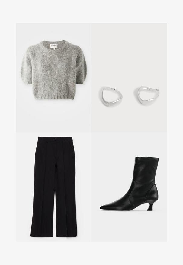 Grå kortærmet pullover sweater med kabelstrik mønster og ribbet kant. Fremstillet af et blødt, tekstureret materiale. Brandlabel synligt ved halsen.; Sorte bukser med flad front, lige ben og lommer. Fremstillet af et blødt stof, med en enkelt knaplukning og bæltestropper.; Sort læderstøvle til midt på læggen med spids tå og lav kittenhæl, vist fra siden på en ensartet lys baggrund.; Par glatte hoop-øreringe i sølvfarve med en let ujævn trekantet form på en ensfarvet lys baggrund.