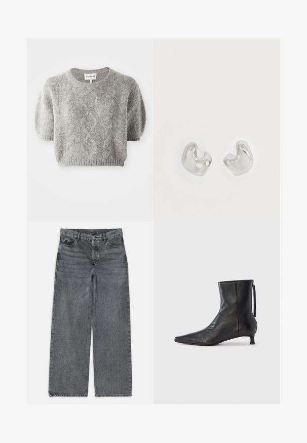 Grå kortærmet pullover sweater med kabelstrik mønster og ribbet kant. Fremstillet af et blødt, tekstureret materiale. Brandlabel synligt ved halsen.; Bredde ben jeans i mørkegrå denim. Har høj talje, fem lomme design og forneden knaplukning. Glat tekstur med subtil fading.; Sort læderankelstøvle med spids tå, struktureret form og lav hæl. Har en sidesyning og minimalistisk design.; Sølvmetaløreringe med et glat, buet design. Blank finish med to asymmetriske former, der delvist omslutter hinanden.