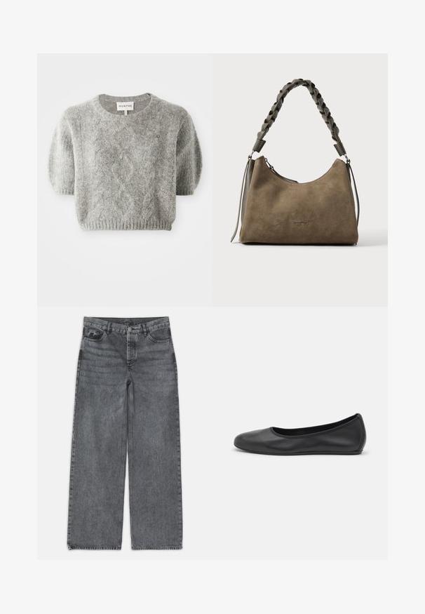Grå kortærmet pullover sweater med kabelstrik mønster og ribbet kant. Fremstillet af et blødt, tekstureret materiale. Brandlabel synligt ved halsen.; Bredde ben jeans i mørkegrå denim. Har høj talje, fem lomme design og forneden knaplukning. Glat tekstur med subtil fading.; Sort læderballetsko med rund tå, glat tekstur, minimal syning og et fleksibelt såldesign.; Brun ruskindshåndtaske med flettet læder skulderrem og lynlåslukning, mærket "Coccinelle" foran i midten.