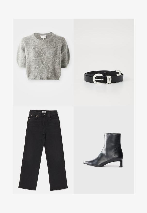Grå kortærmet pullover sweater med kabelstrik mønster og ribbet kant. Fremstillet af et blødt, tekstureret materiale. Brandlabel synligt ved halsen.; Sorte bredbenede jeans lavet af denim. Har en knaplukning, fem lommer og diskret falming. Mærket står "AGOLDE."; Sort læder ankelstøvle med spids tå og et strømlinet design. Har en lav hæl og en lynlås lukning bagpå. Glat tekstur.; Sort læderbælte med en sølvfarvet dobbeltspænde. Glat tekstur, flad form, med huller til justering og et slankt design.